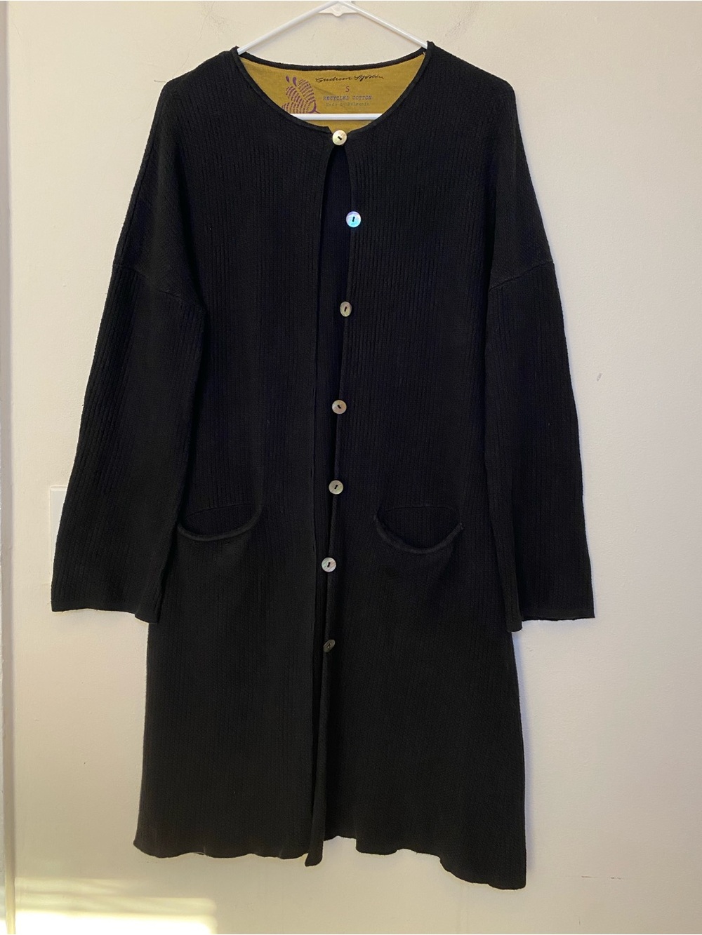 GUDRUN SJODEN Cotton Waffle Knit Button Front Long Cardigan Black Sz Small READ